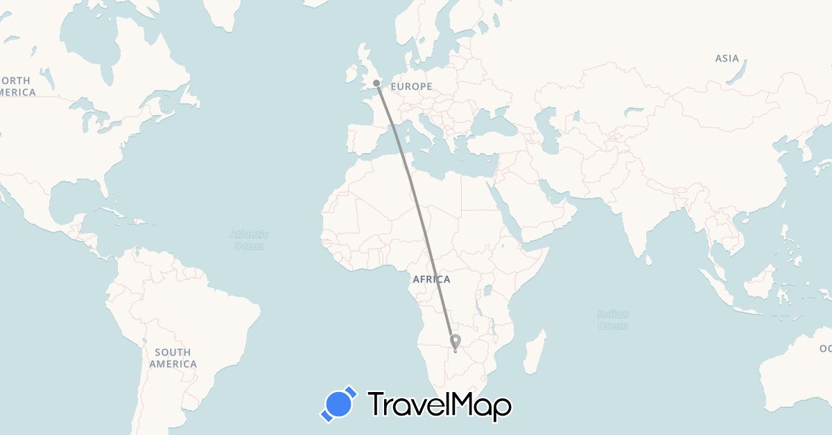 TravelMap itinerary: driving, plane in Botswana, United Kingdom (Africa, Europe)